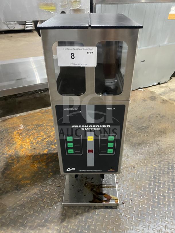 Curtis ILGD-10 stainless steel coffee grinder, 7.5 lb capacity, dual hoppers, model ILGD-10, 120V, good condition.