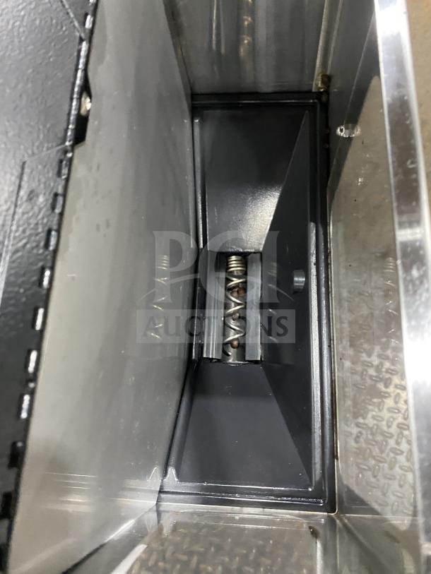 Curtis ILGD-10 stainless steel coffee grinder, twin 7.5 lb hoppers, interior view, model ILGD-10, SN: 12279765, 120V.