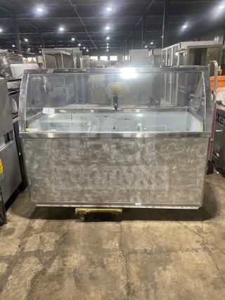 Stainless steel ice cream/frozen yogurt dipping cabinet with curved glass, rear lift-open access, in good condition.