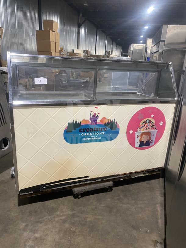Beverage-Air 68" white ice cream dipping cabinet with sneeze guard, rear double lift-open doors, fair condition, branded decals.
