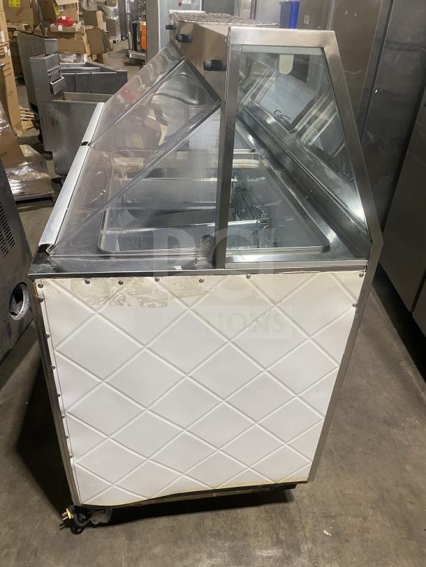 Beverage-Air 68" white ice cream cabinet with sneeze guard, diamond panel design, and double lift-open rear doors.