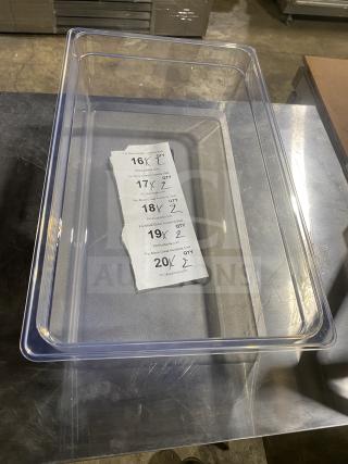 FOH Commercial Clear 20.6 Qt Drinkwise Pan, new condition, transparent material, includes auction bid tags inside.