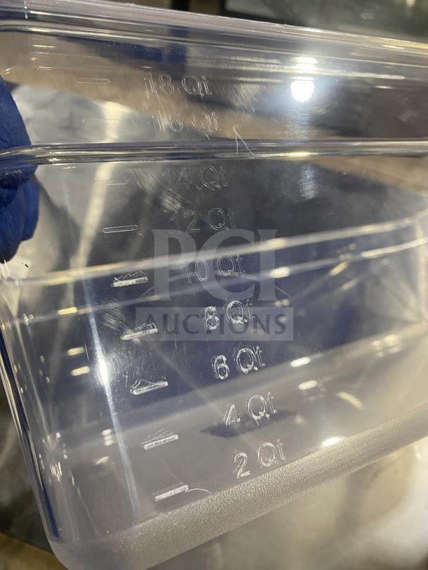 FOH Commercial Clear Drinkwise Pan, 20.6 Qt capacity. Features measurement markings. Brand new condition.