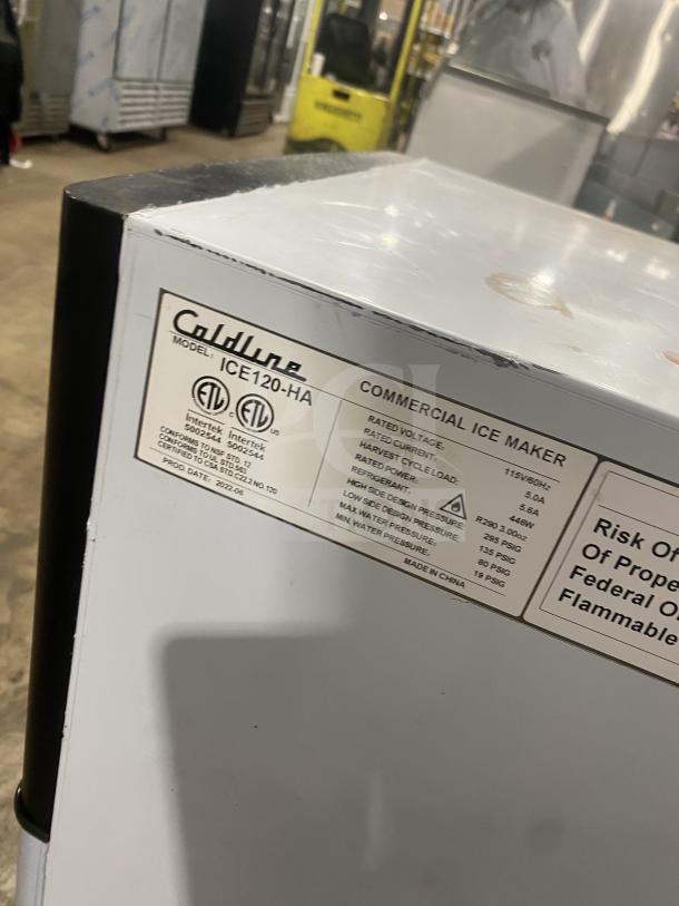 Coldline ICE120-HA undercounter ice maker, 2020 model, stainless steel, on legs, 115V, ETL certified, made in China.