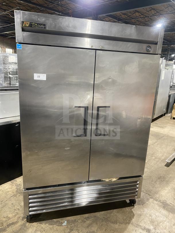 True T-49 commercial stainless steel 2-door refrigerator, Energy Star certified, with poly-coated rack, on casters, Model T-49.