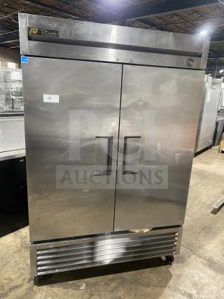 True T-49 commercial stainless steel 2-door refrigerator, Energy Star certified, with poly-coated rack, on casters, Model T-49.