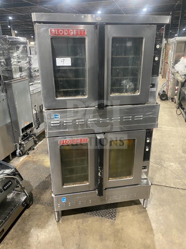 Blodgett commercial stainless steel double convection oven, gas-powered, Energy Star certified, with wired oven rack, on legs.