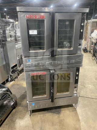 Blodgett commercial stainless steel double convection oven, gas-powered, Energy Star certified, with wired oven rack, on legs.