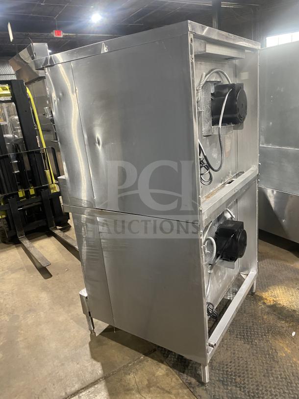Blodgett stainless steel double stacked gas convection oven, Energy Star certified, includes wired rack, on legs, fair condition.