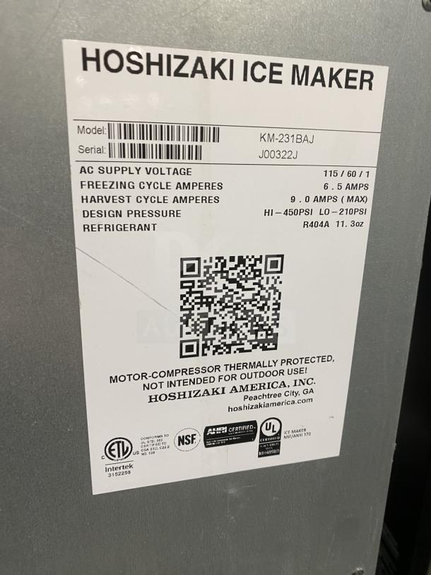 Hoshizaki KM-231BAJ ice maker label, showing model, serial number, voltage, amperes, design pressure, and certifications.