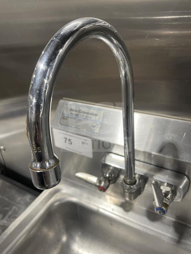 Commercial stainless steel wall-mount hand sink by Jimex, featuring a back splash. Clean condition, labeled with model details.