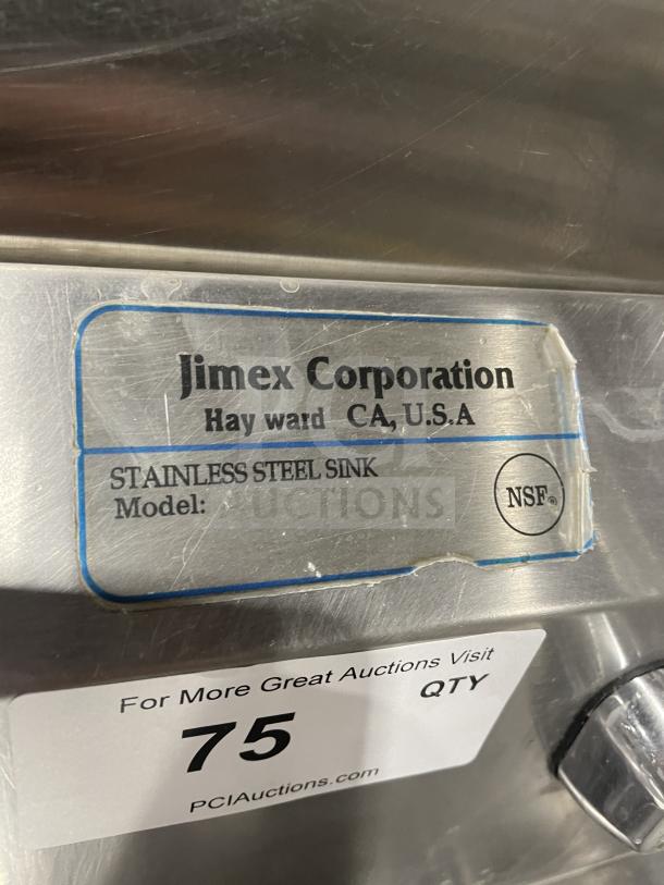 Jimex Corporation stainless steel wall-mount hand sink with back splash, NSF certified, visible label and auction tag.