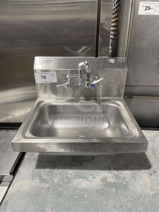 Jimex SSH-14 commercial stainless steel wall-mount hand sink with backsplash, dual faucet, labeled as Jimex Corporation.