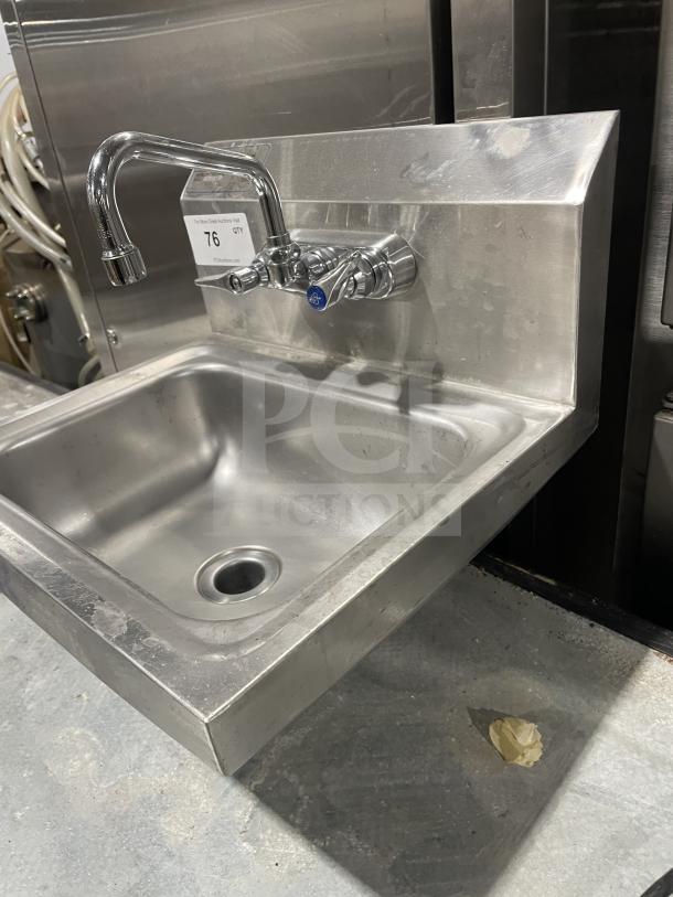 Jimex SSH14 stainless steel wall-mount hand sink with backsplash, commercial grade, good condition, includes faucet.
