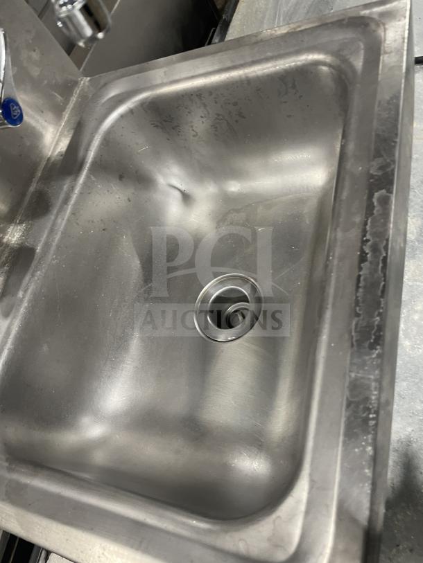 Jimex SSH14 stainless steel wall-mount hand sink with backsplash, commercial grade, lightly used, visible minor wear.