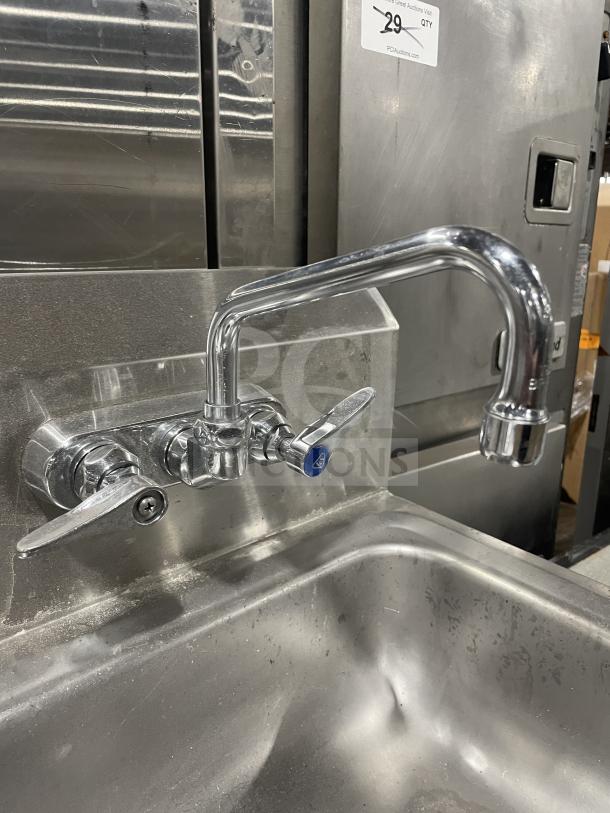 Jimex SSH-14 stainless steel wall-mount hand sink with backsplash, commercial use, excellent condition, dual-handle faucet.