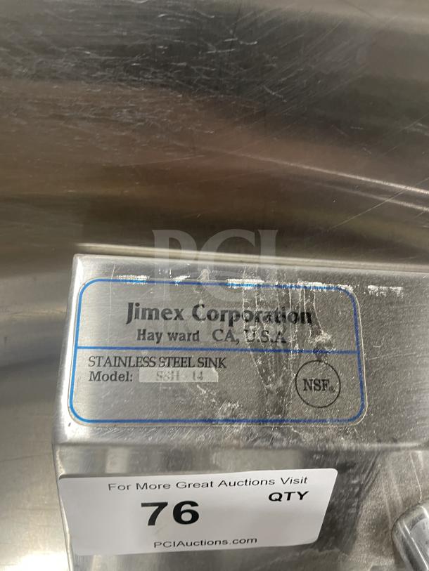 Jimex SSH-14 stainless steel wall-mount hand sink with backsplash. Visible label: "Jimex Corporation, Hayward, CA, USA." Condition: Good.