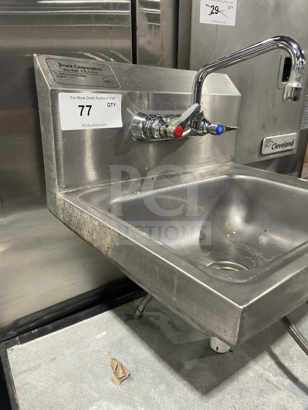 Jimex Corporation commercial stainless steel wall-mount hand sink with back splash, dual faucet, and visible label.