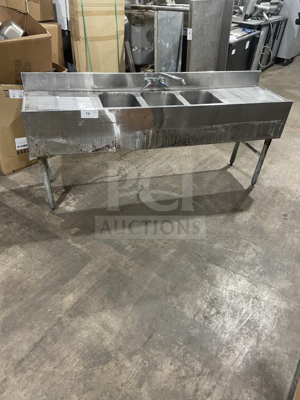 Commercial stainless steel heavy duty Jimex 3-compartment bar sink, on legs, with faucet. Used condition.