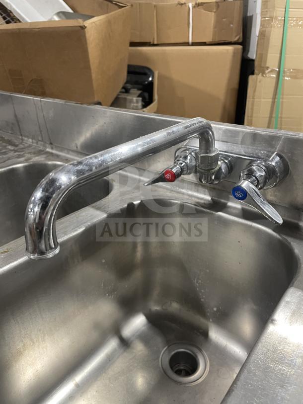 Jimex commercial stainless steel 3-compartment bar sink with faucet, mounted on legs. Excellent condition.