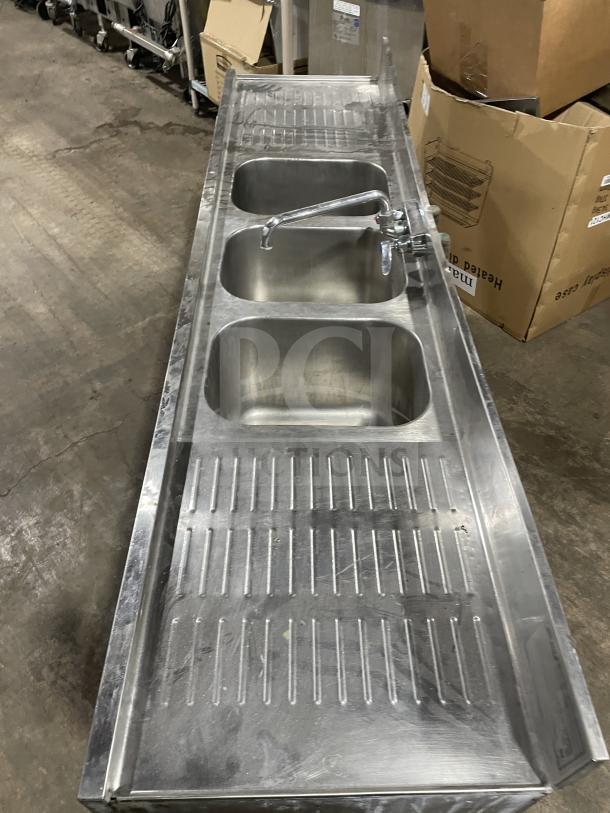Commercial Jimex stainless steel 3-compartment bar sink on legs, heavy-duty, with faucet, good condition.
