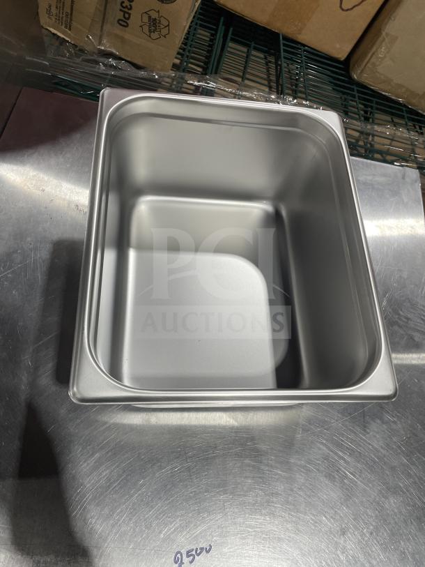 Brand new Winco SPJL-206 stainless steel half-size 6" deep anti-jam steamtable pan, commercial-grade, pristine condition.