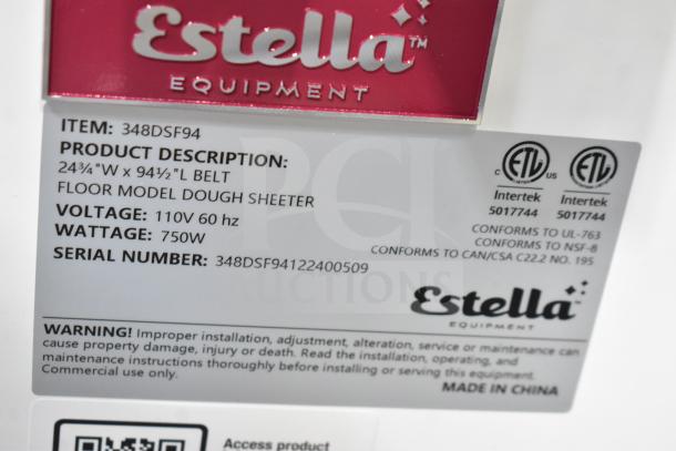 Alt text: "Estella DSF94 floor dough sheeter label showing model 348DSF94, 110V, 750W, belt dimensions, serial number, and certifications."