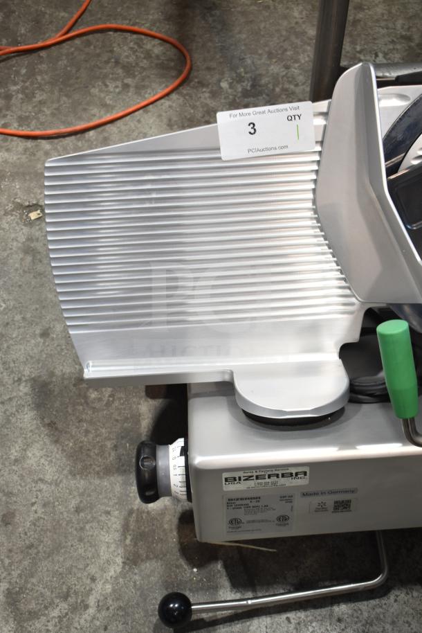 2023 Bizerba GSP HD Commercial Meat Slicer, 120V, 1 Phase, silver, adjustable settings visible, tags showing model details.