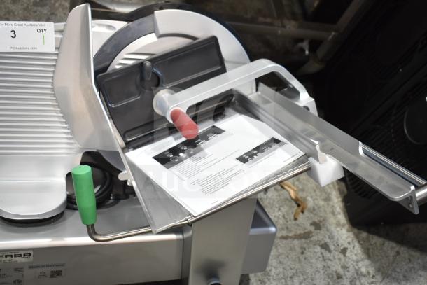 2023 Bizerba GSP HD commercial meat slicer, countertop model, 120 Volts, 1 Phase, excellent condition, visible instruction sheet.