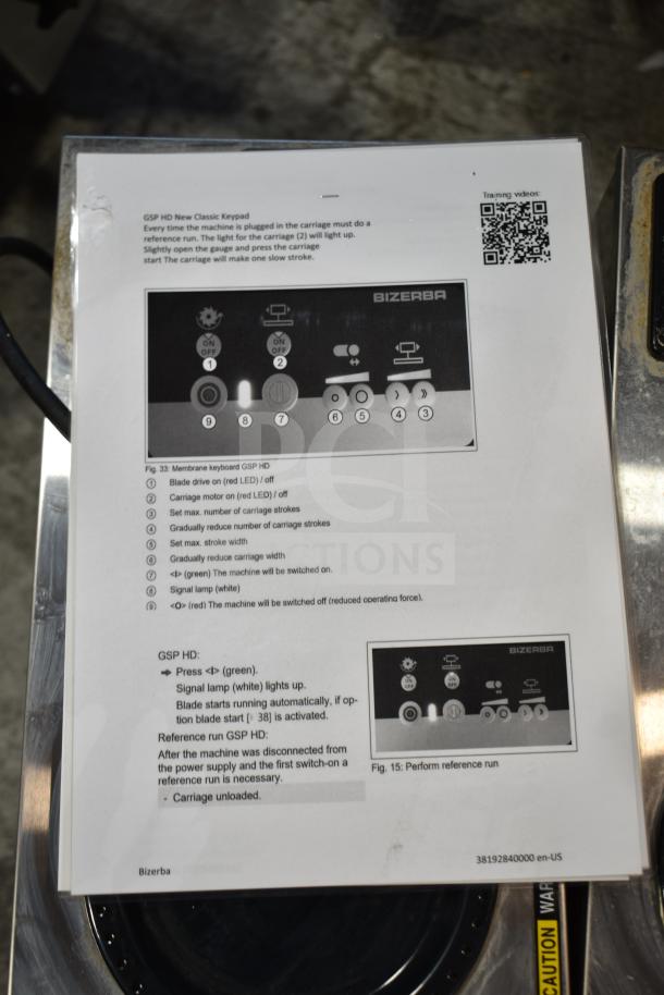 Bizerba GSP HD meat slicer control instructions. Shows setup and operation guidelines. Model and brand info, 120V, 1 phase.