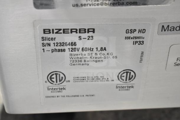 2023 Bizerba GSP HD Commercial Meat Slicer, 120V, 1 Phase, Model S-23, Serial No. 12326466, ETL-certified, made in Germany.