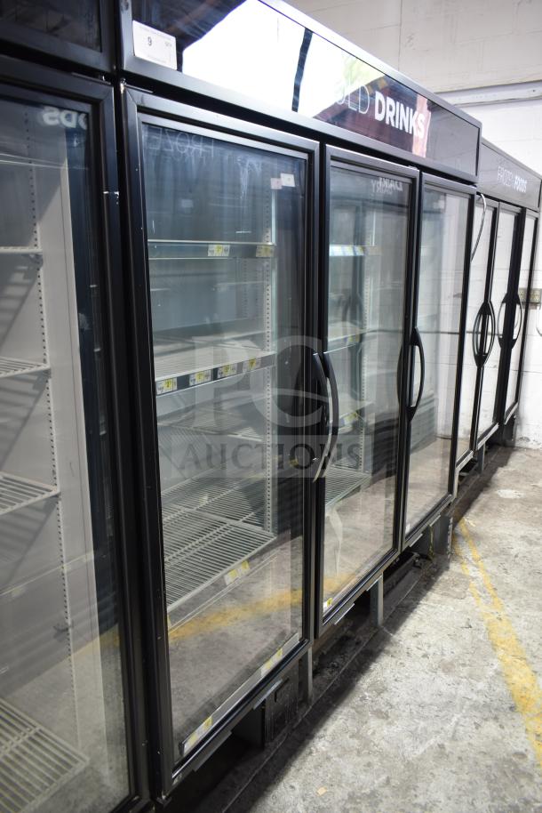 2017 True GDM-72-HC 3 door commercial cooler, glass doors, black frame, tested, working, 115 volts, 1 phase.