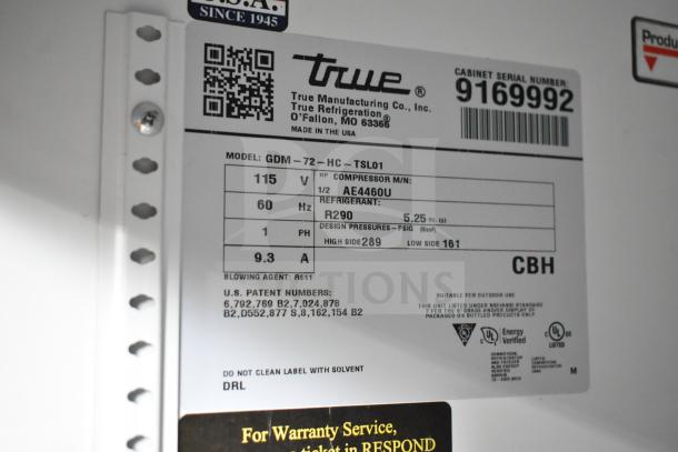 Label of 2017 True GDM-72-HC cooler, model info, 115V, R290 refrigerant, tested working, made in USA, serial number 9169992.