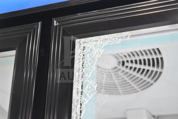 Avantco 178GDC40HCB commercial cooler with damaged glass door, on casters, 115V, 1 phase, brand new scratch and dent.