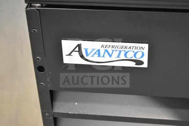 Avantco commercial cooler label showing model 178GDC40HCB. Note: Glass damage present, 115V, 1 phase.