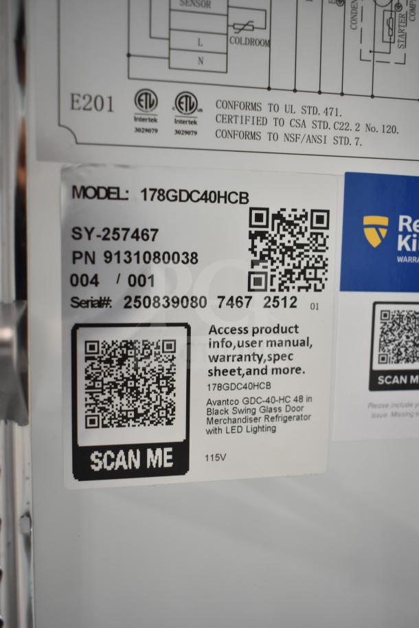 Avantco 178GDC40HCB commercial cooler, 2-door, 115V, glass damage noted, on casters. Model and serial tags visible.