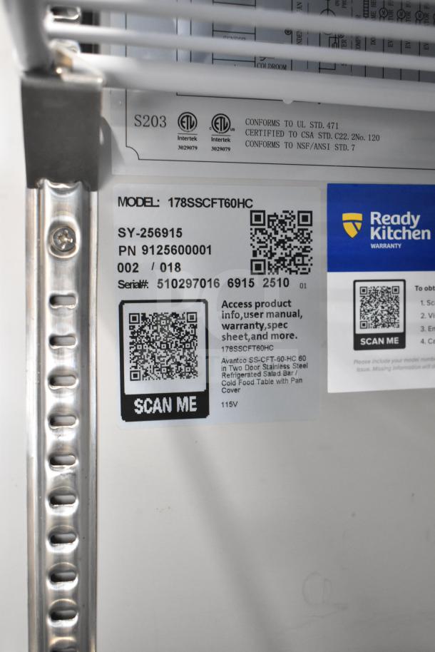 Avantco 178SSCFT60HC stainless steel refrigerated salad bar label showing model, serial number, and certification logos.