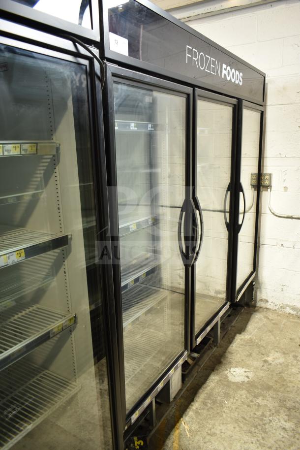 2019 True GDM-72F-HC 3-door commercial freezer, glass doors, labeled "Frozen Foods," tested, working condition.