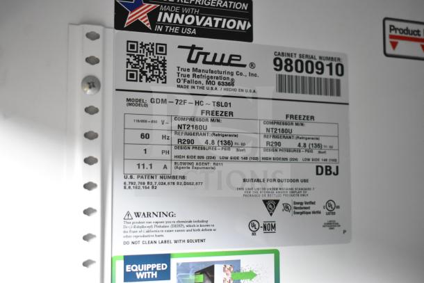 2019 True GDM-72F-HC commercial 3-door reach-in freezer, 115/208-230 volts, 1 phase. Label shows compressor NT2180U, refrigerant R290.