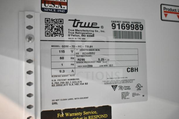 2017 True GDM-72-HC commercial cooler label showing specs: 115V, 1 phase, R290 refrigerant, working condition.