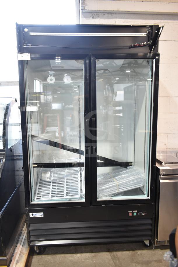 Brand new 2025 Avantco 178GDC40HCB 2-door commercial cooler, scratch and dent, with glass doors and commercial casters.