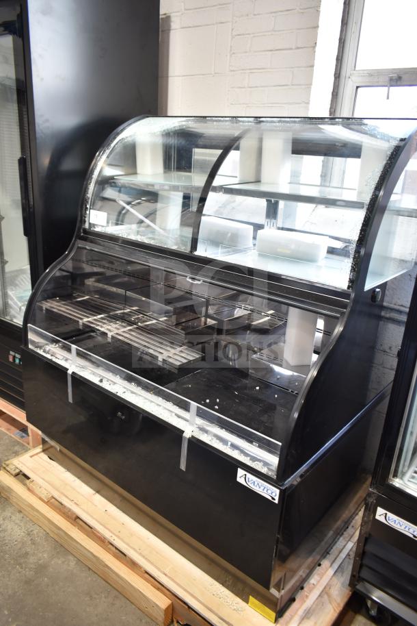 Avantco 178GDC40HCB black refrigerated air curtain merchandiser, curved dual service, new with glass damage, 115V.