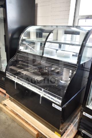 Avantco 178GDC40HCB black refrigerated air curtain merchandiser, curved dual service, new with glass damage, 115V.