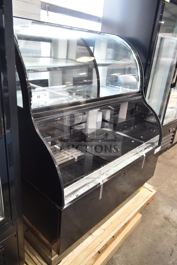 Avantco 178GDC40HCB commercial black refrigerated air curtain merchandiser; curved glass, noted glass damage.