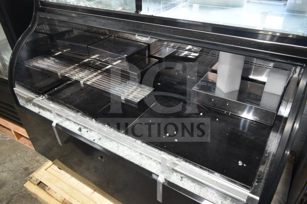 Avantco 178GDC40HCB refrigerated merchandiser, dual service, black, glass damage visible, 115V, 1 phase.