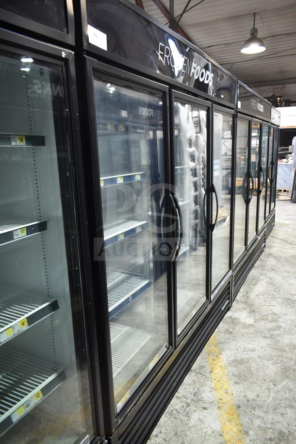 2017 True GDM-72F-HC freezer, three glass doors, black frame, working condition, shelves, commercial use.