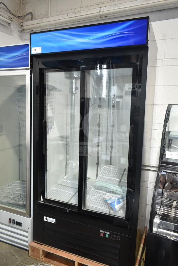 Brand new Avantco 178GDS33HCB 40" black sliding glass merchandiser fridge, LED lighting, minor scratches, 115V, 1-phase.