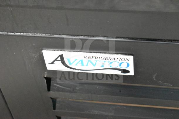 Avantco 178GDS33HCB logo on black sliding glass door merchandiser refrigerator, featuring LED lighting.