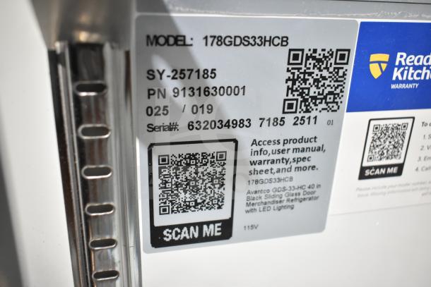 Avantco model 178GDS33HCB label showing product info, serial number, and QR codes for user manual and warranty.