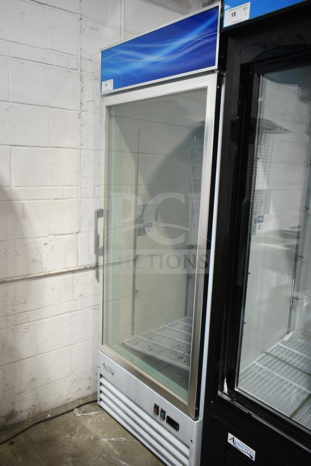 Avantco 178GDC24FHCW white glass door freezer, new with scratches and dents, LED lighting, 115V, 1 phase.